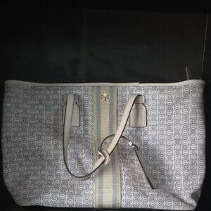Tory Burch Patterned Tote in Blue and Cream